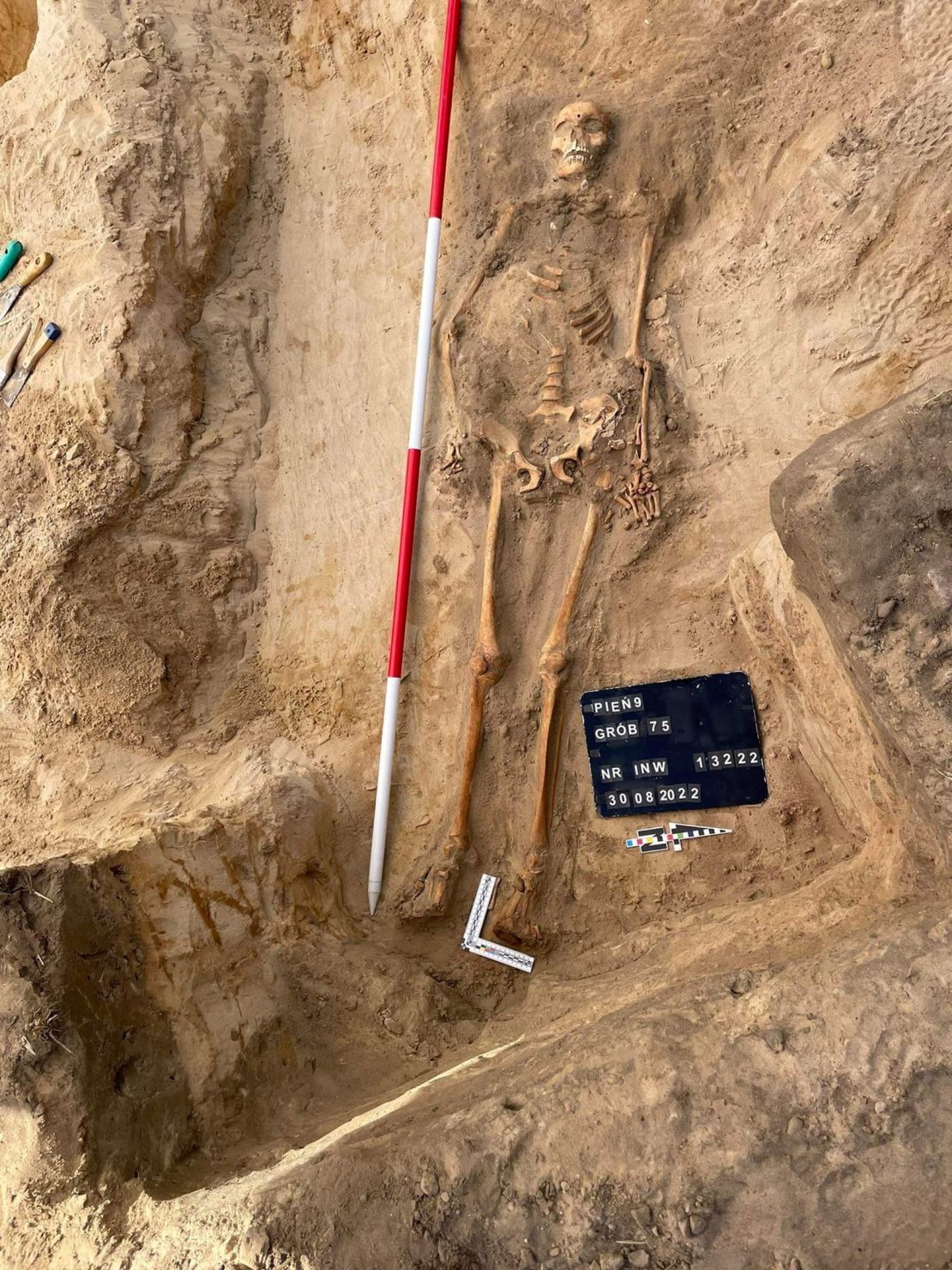 The skeleton of a young woman buried with a padlock on her foot and an iron sickle across her neck, apparently as a way of preventing her from rising from the dead, is seen in Pien, Poland.