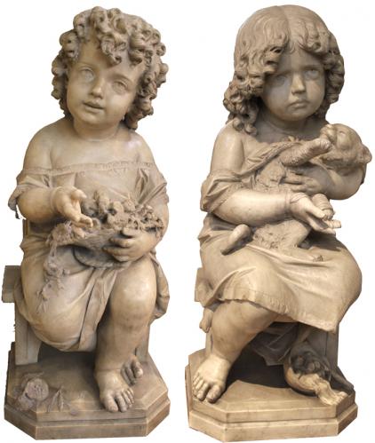 A 19th Century Pair of Carrara Marble Statues, "Joy and Sadness" Signed by Milanese Master Sculptor Antonio Tantardini - C. Mariani Antiques, Restoration & Custom, San Francisco, CA.