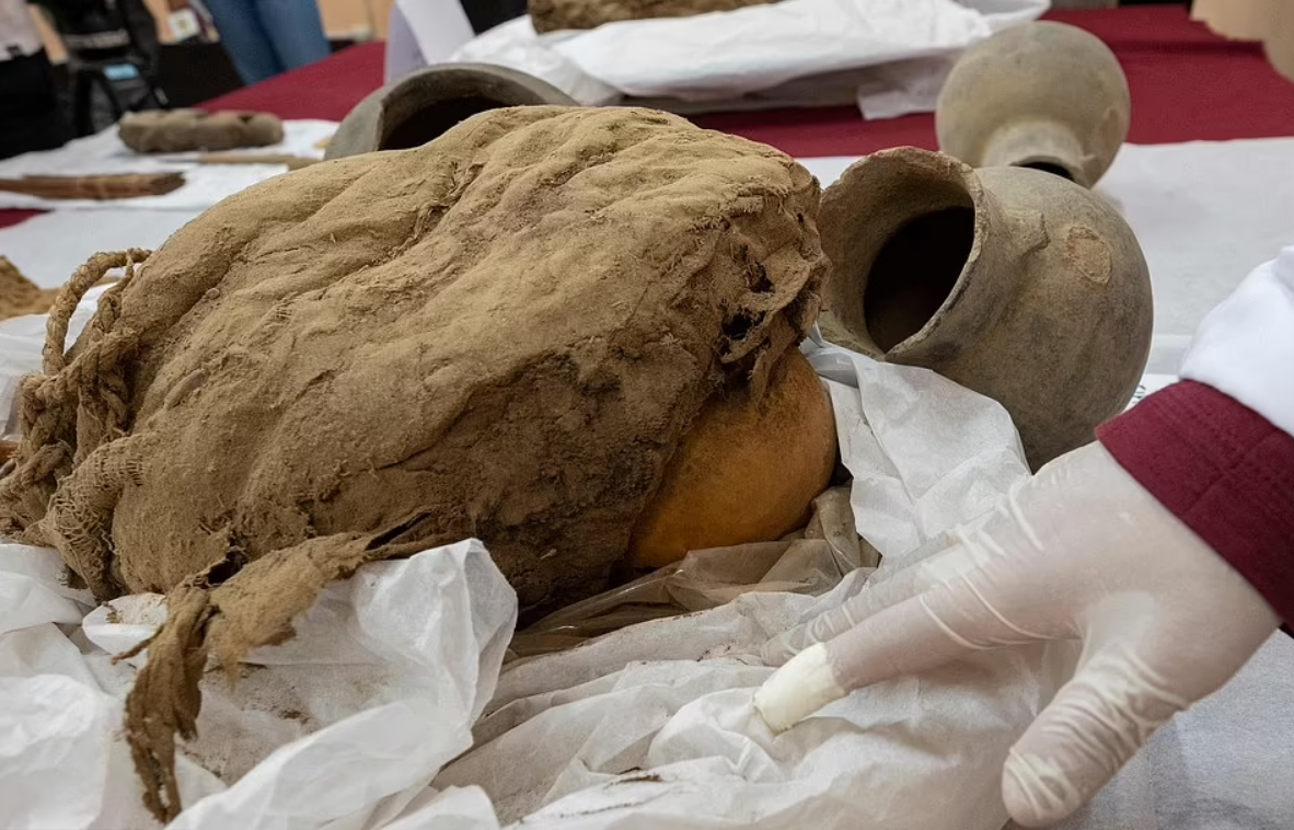 A skull is shown in one of the six funerary mummy bundles, which archaeologists think may be linked to the Wari civilisation