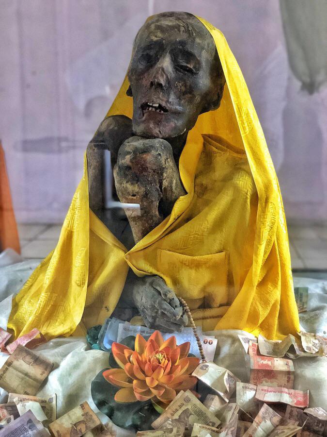Sokushinbutsu - 550 Year Old Self Mummified Buddhist Monk, Sangha Tenzin.  In a northern Himalayan region of India, visible in a temple in Gue  Village, Spiti, Himachal Pradesh [675 x 900] : r/ArtefactPorn