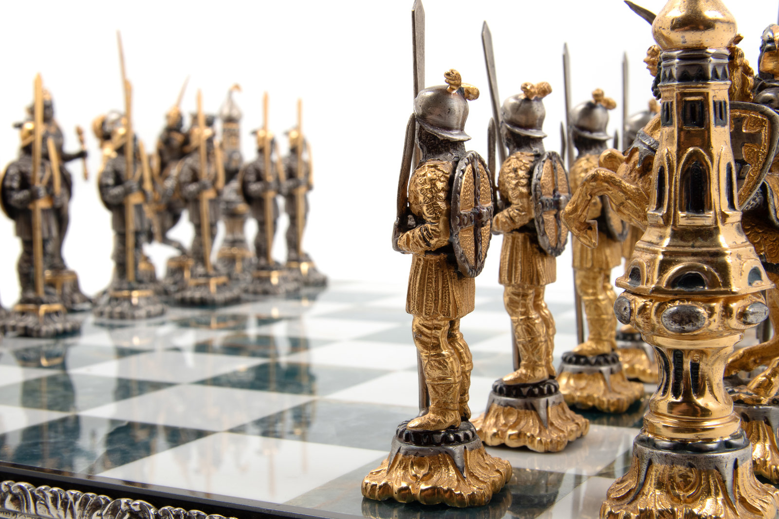 A Giuseppe Vasari Gilt and Silvered Bronze Medieval Chess Set