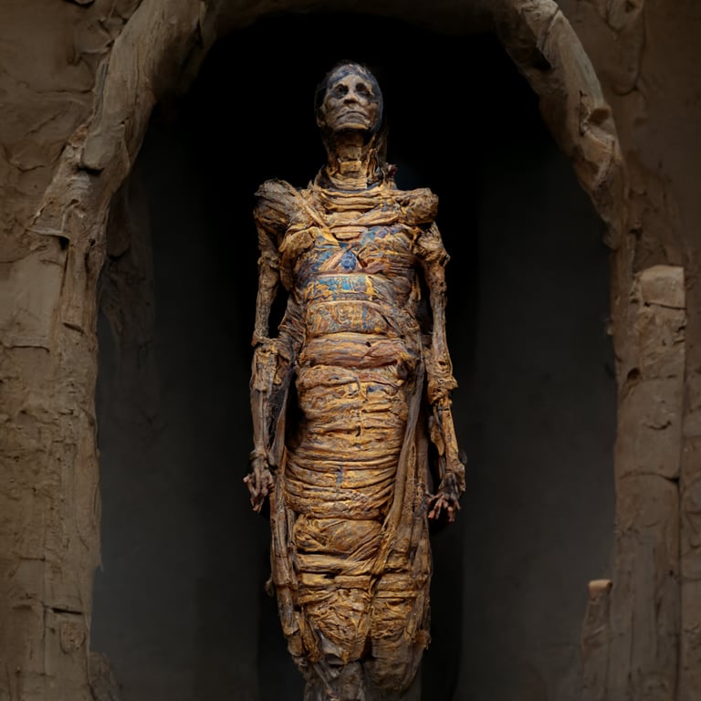 a detailed full body mummy, in Egypt, realistic, extreme detail, 4k high quality, 3d depth, upscaled