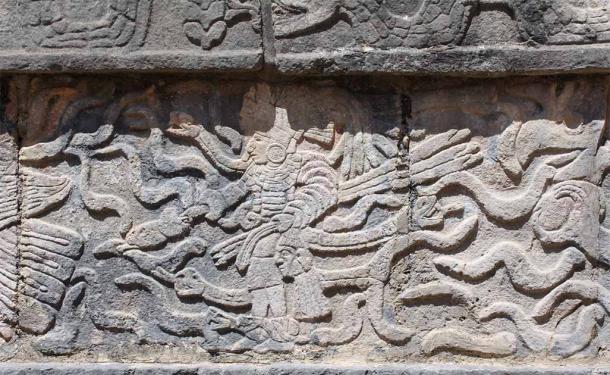 Mayan relief carving depicting a warrior surrounded by serpents, Chichen Itza, Mexico. Source: frenta / Adobe Stock.