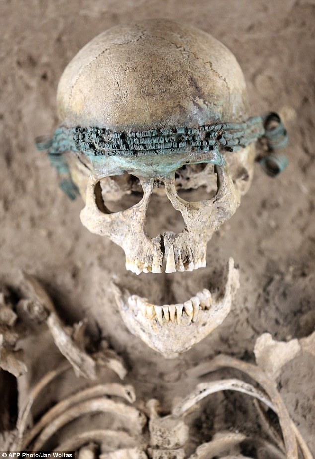 Middle Bronze Age Bronze Headband and Its Owner, C. 1550-1250 BC This female skeleton was discovered in Rochlitz, south of Halle, east Germany, while construction work was underway on a new rail track.