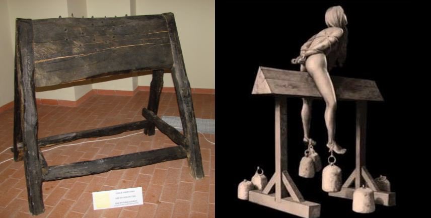 SERIOUSLY STRANGE on X: "The "Spanish Donkey" is a torture device that  consists of having the victim sit on a narrow beam with heavy weights  attached to their feet. https://t.co/dMfE8FIeDP" / X