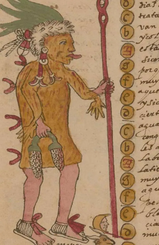 An historic depiction of a priest to Xipe Tótec. Note the distinctive \'second hands\' dangling from the wrists which demonstrates the garment is a flayed human skin.