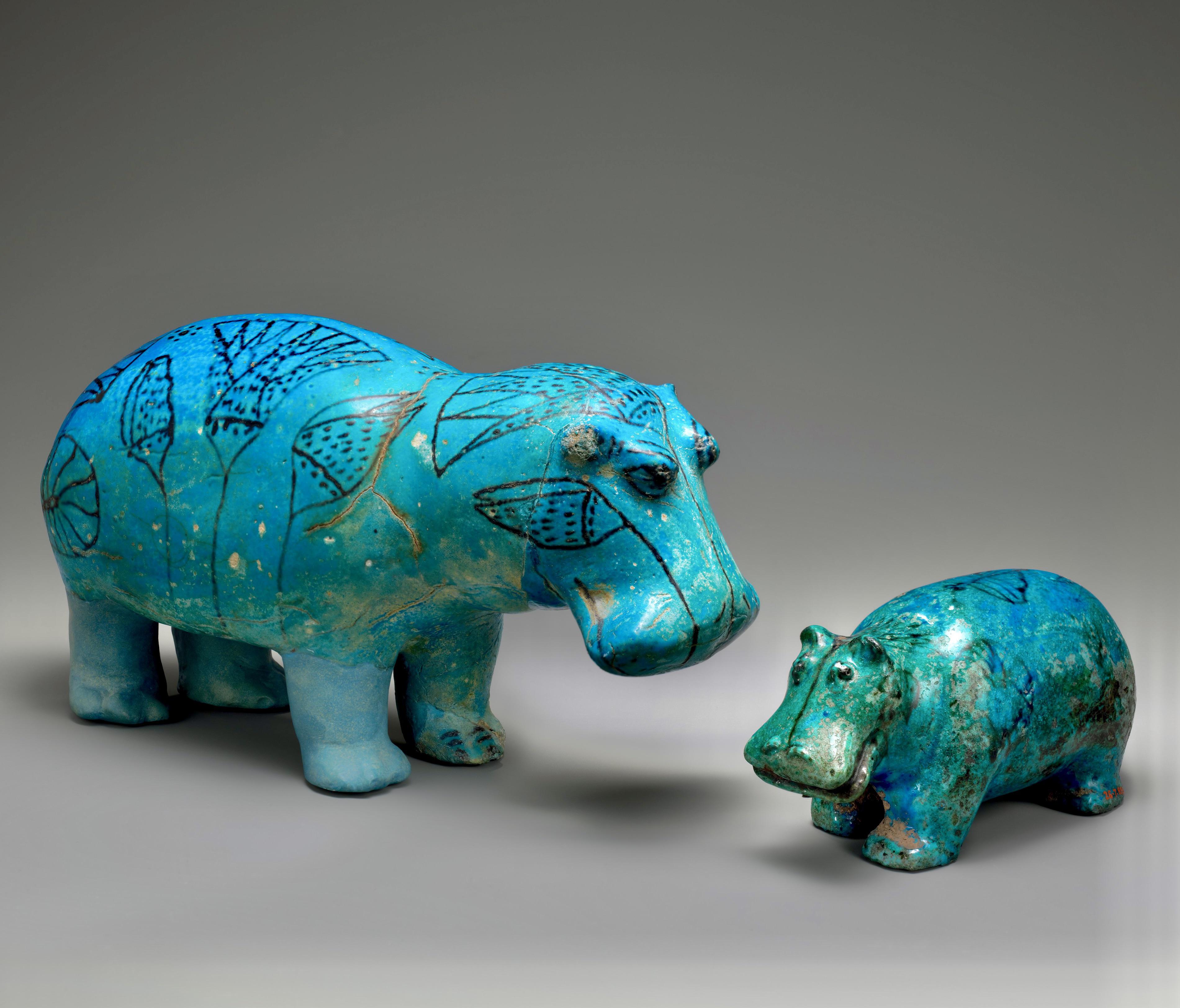 William the hippo, MET museum's mascot for 106 years, and his Buddy. Ground quartz Egyptian blue hippopotamuses, Middle Kingdom ca. 1961–1878 B.C. [3802x3247]. : r/ArtefactPorn