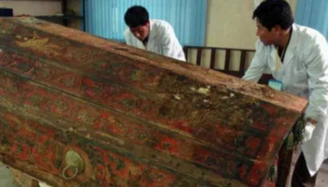 The blood-red coffin was accidentally discovered by stone quarry workers.