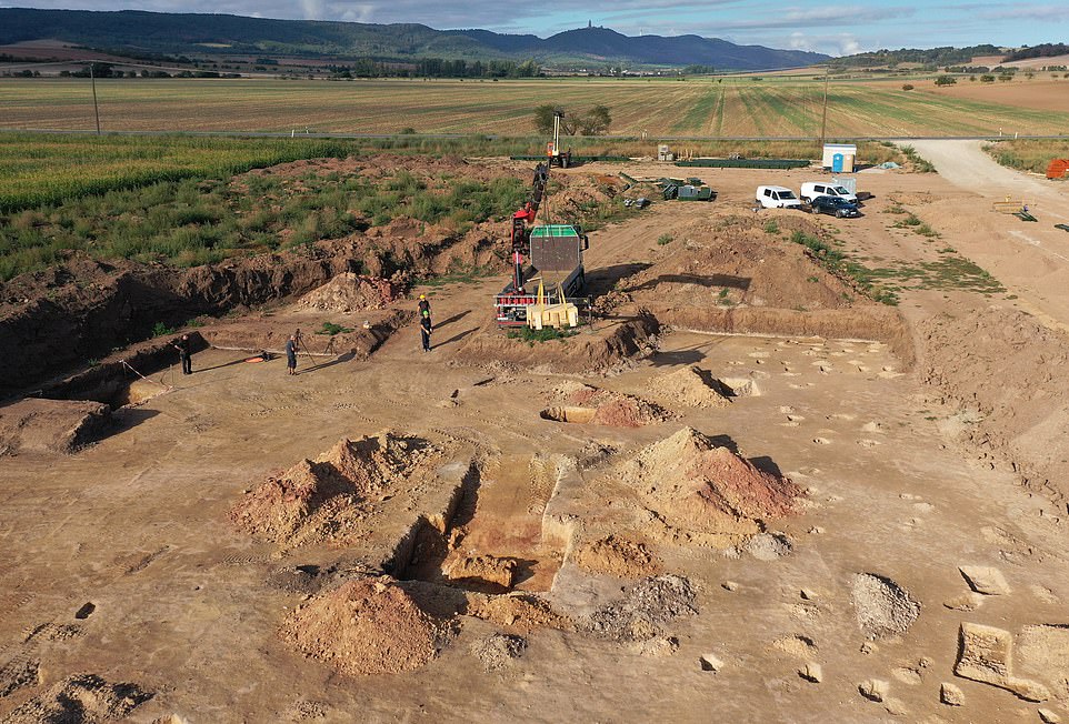 The site (pictured) has been unearthed in Saxony-Anhalt, near Brücken-Hackpfüffel accidentally by builders hoping to create a new chicken farm. Experts have kept its exact location a secret