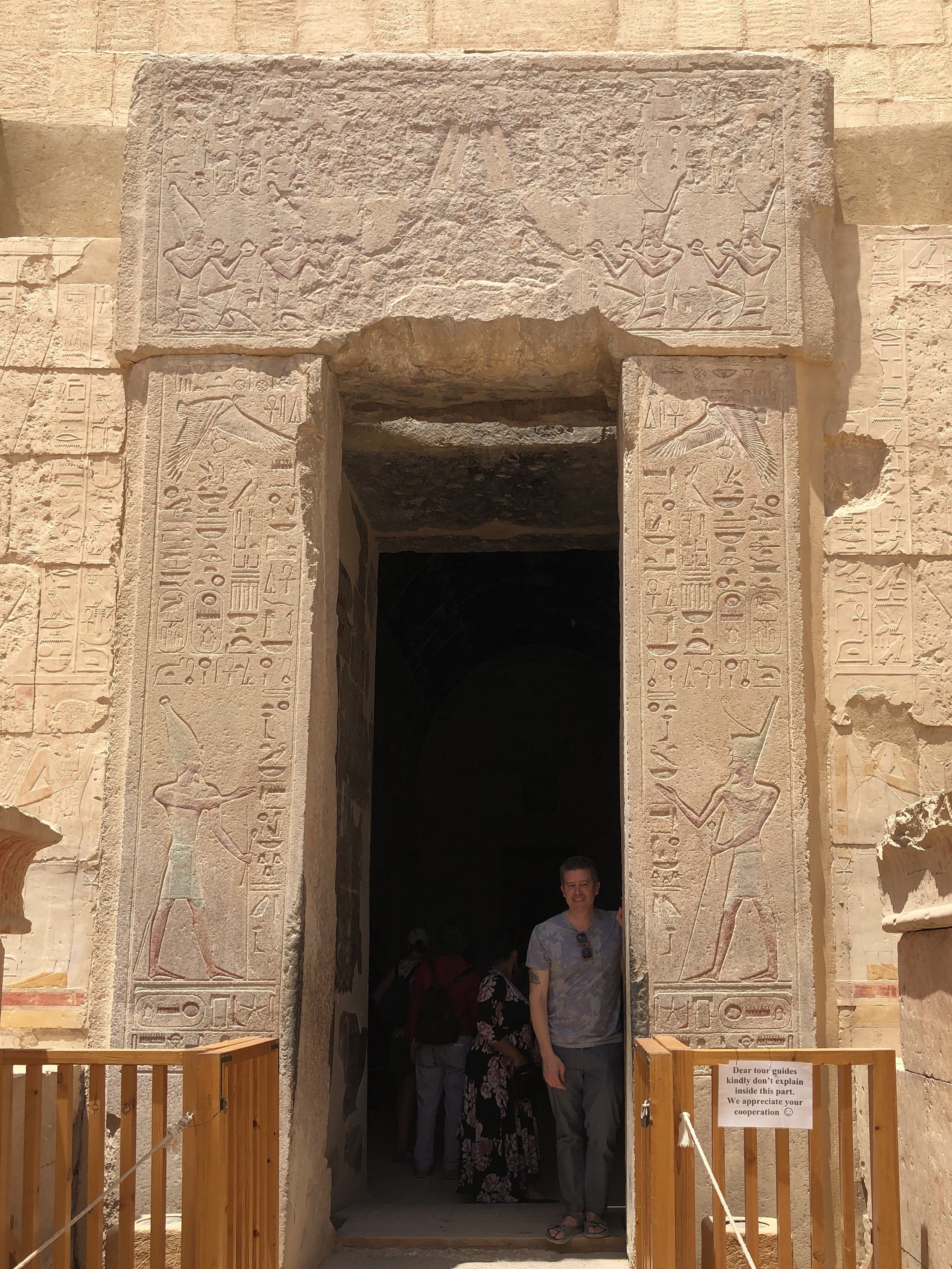 Wally stands in the granite portico leading to the sanctuary of the great god Amun