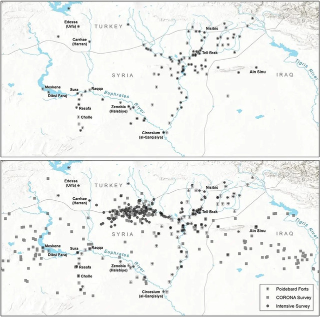 A Map Displays the Distribution of Roman Forts as Documented by Father Antoine Poidebard and Reanalyzed by Modern Authors.