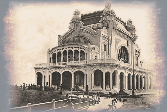 A Nostalgic Snapshot of Patrons Lining Up Outside the Iconic Constanta Casino