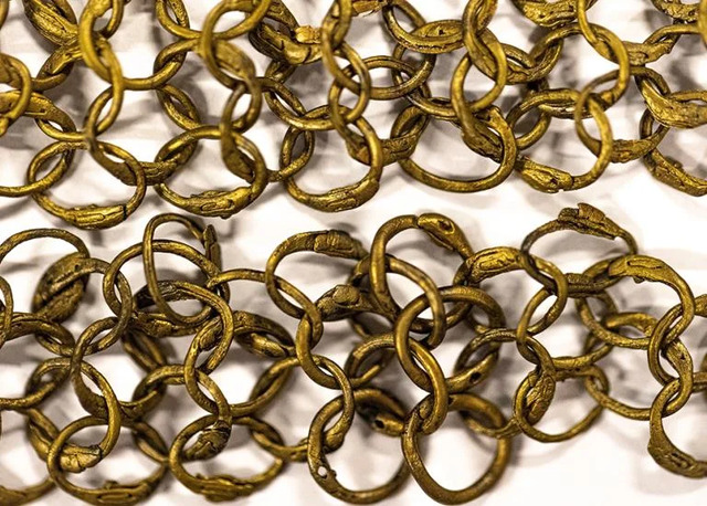 A decorative hem made of riveted brass rings from a mail shirt was analyzed during the dives, with the shirt likely consisting of up to 150,000 interlocking rings.