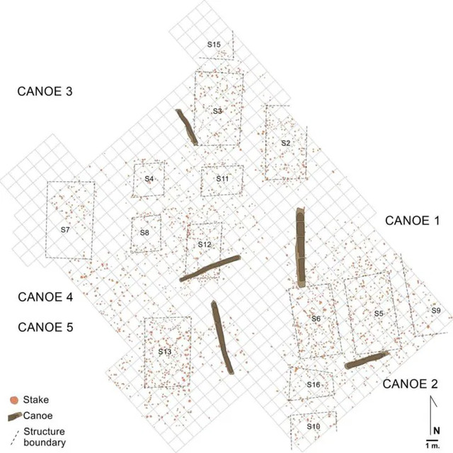 A detailed plan of La Marmotta settlement shows the five canoes positioned near some of the ancient houses, offering a glimpse into life 7,000 years ago