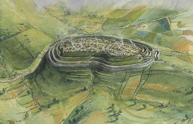 A glimpse into the past: a vivid reconstruction of what Maiden Castle might have looked like in the late Iron Age.