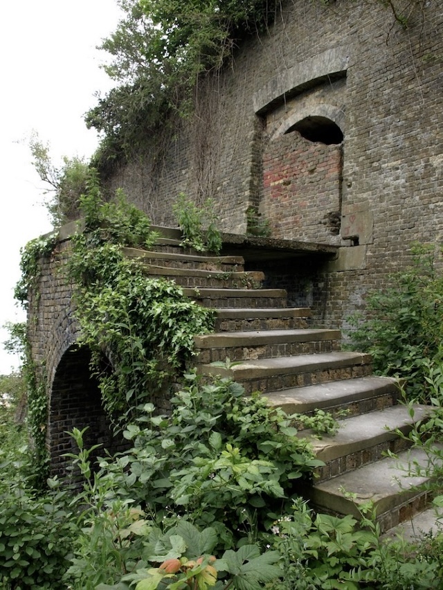 The historic stairway at Dover Castle, where centuries of English history converge, leading up through ancient walls and overgrown stone steps