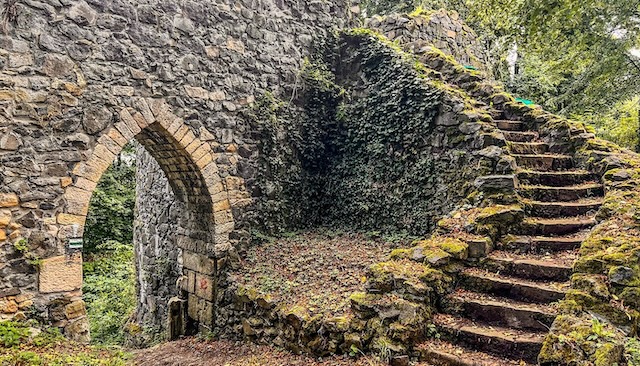 A stone staircase winds through the ruins of Grodziec Castle, offering a glimpse into the architectural beauty that has stood for centuries in the Polish countryside