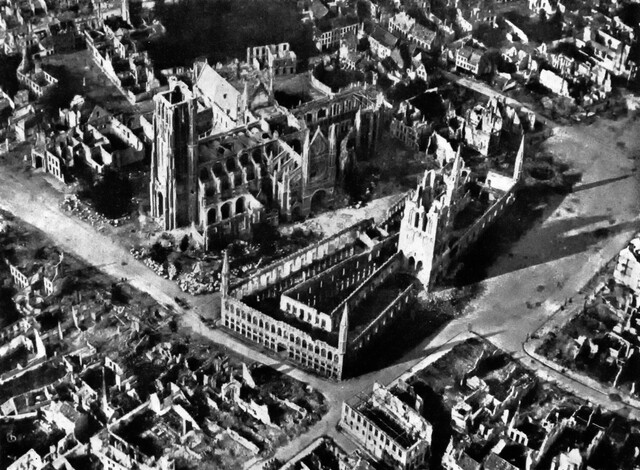 An aerial view of Ypres, Belgium in 1917, capturing the scars of history.