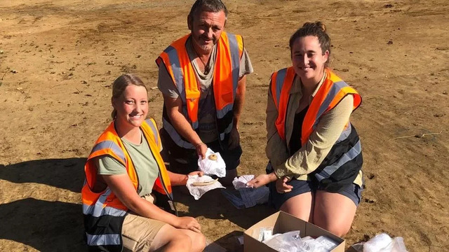 Archaeologist Alice Schute (right) Poses With Team Members Emily Danvers-Rushin, Matthew Selfe, and Some of Their Incredible Finds From the Dig