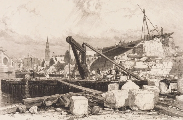 E. W. Cooke’s 1832 sketch captures the dramatic moment of the medieval London Bridge’s demolition alongside John Rennie’s newly constructed bridge.