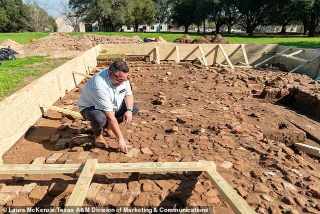 Failor explained that the brick floor tells the story of two structures: an early storehouse later transformed into a two-story building in 1854