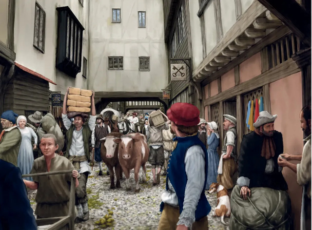 Peter Urmston’s c.1600 reconstruction offers a glimpse into the bustling, tunnel-like streets of the shop-lined bridge, alive with people from all walks of life.