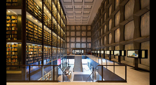 The Beinecke Rare Book & Manuscript Library in the USA is a sanctuary of timeless treasures housed within luminous marble walls.