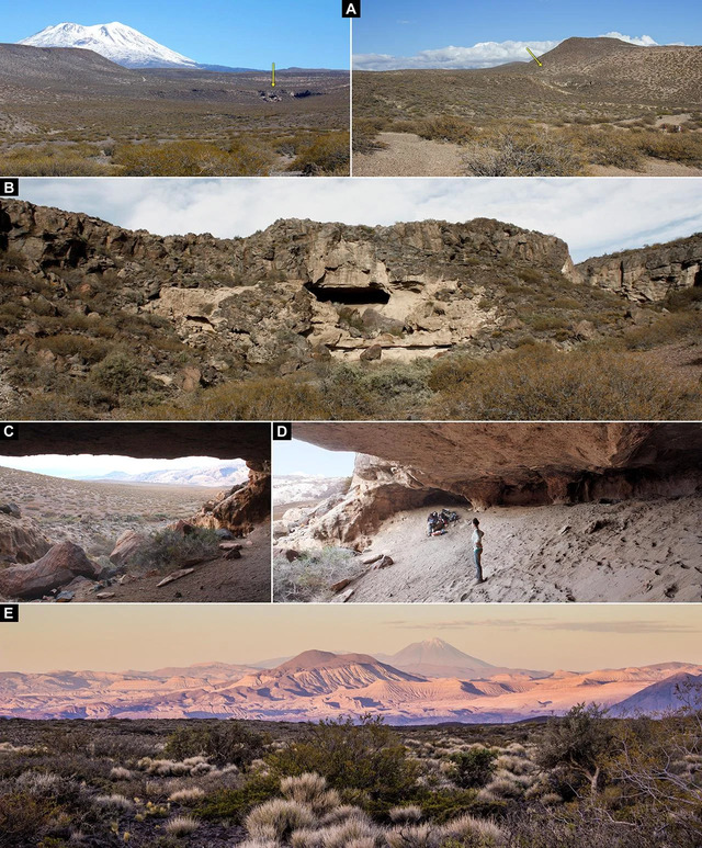 The CH1 cave is located in a volcanic landscape within the Monte Desert, as marked by a yellow arrow in aerial views of the area.