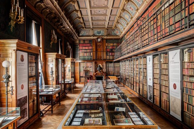 The Château de Chantilly Library in France, with its Gothic arches and medieval charm