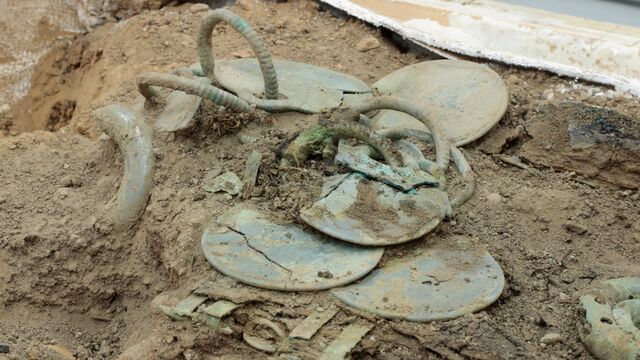 The Peebles Hoard in the midst of excavation, an archaeological moment frozen in time.