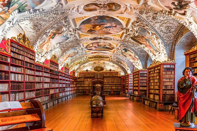 The Strahov Monastery Library in Prague, a place renowned for its baroque architecture, massive wooden shelves