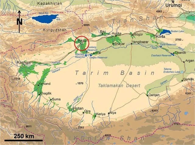 The Tarim Basin, located in the Xinjiang Uyghur Autonomous Region of China