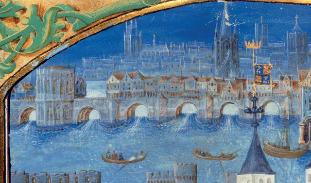 The earliest known illustration of London Bridge from c.1483 emphasizes the Chapel of St. Thomas, a pilgrimage starting point for Becket’s Canterbury shrine.