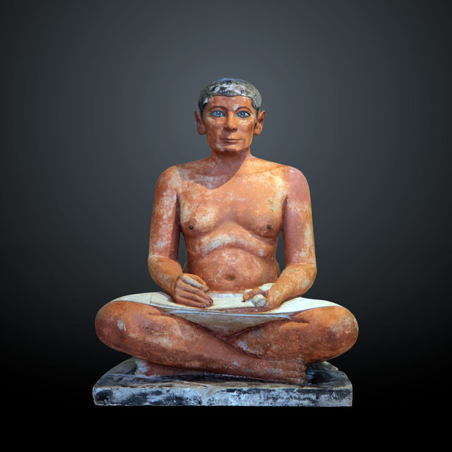 The statue is made of painted limestone, with wooden nipples and intricately inlaid eyes