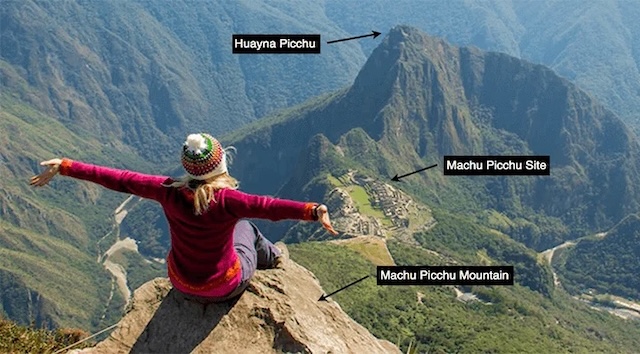 A stunning view from atop Huayna Picchu, showing the grand Machu Picchu site, the majestic mountain, and the surrounding Andes landscape