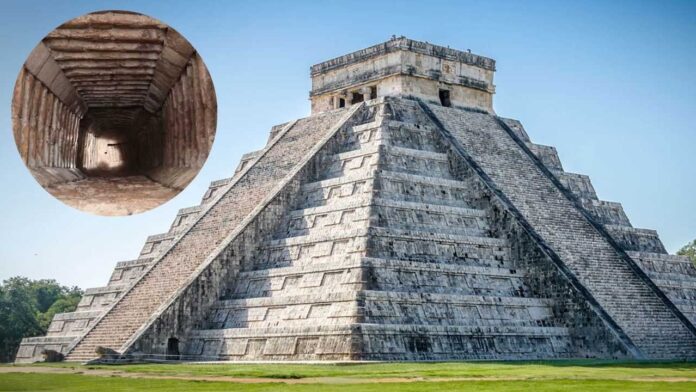 The iconic Temple of Kukulcan at Chichen Itza, with a cross-section showing the hidden chambers within the ancient structure, hinting at its many mysteries