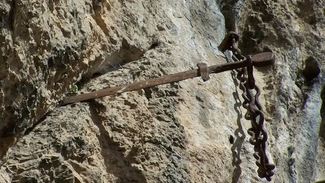 The legendary Durandal sword, said to have been embedded in stone for over 1,300 years in the cliffs of Rocamadour, France, now mysteriously missin