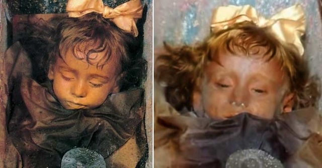 The beautifully preserved face of Rosalia Lombardo, often referred to as the "Sleeping Beauty" of Palermo. Her closed eyes and delicate features remain almost untouched by time, thanks to a unique embalming technique