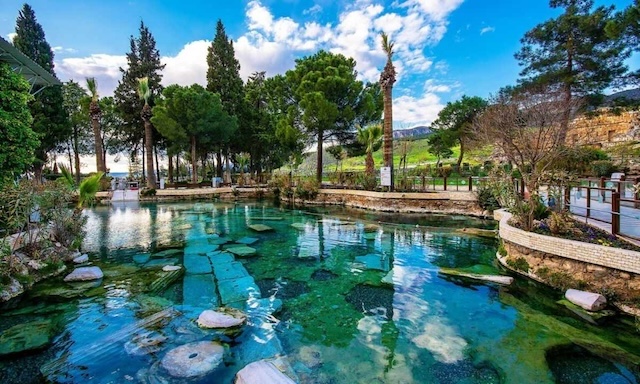 A stunning view of Cleopatra’s Pool in Pamukkale, Turkey, surrounded by lush greenery and ancient ruins. The warm, mineral-rich waters have been known for their healing properties since ancient times