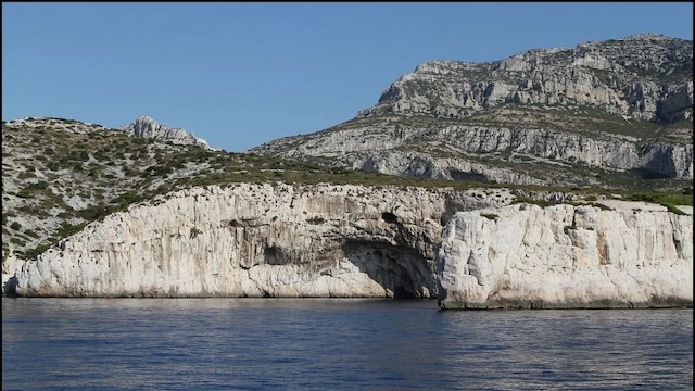 The rugged coastline near the entrance of the Cosquer Cave, hidden deep underwater off the coast of Marseille, France.