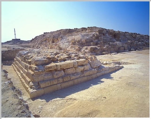 The partially destroyed base reveals the pyramid’s once-ambitious structure at Abu Rawash