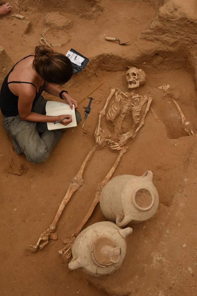 An archaeologist documenting the skeleton and artifacts found in a burial site during an excavation in Ashkelon