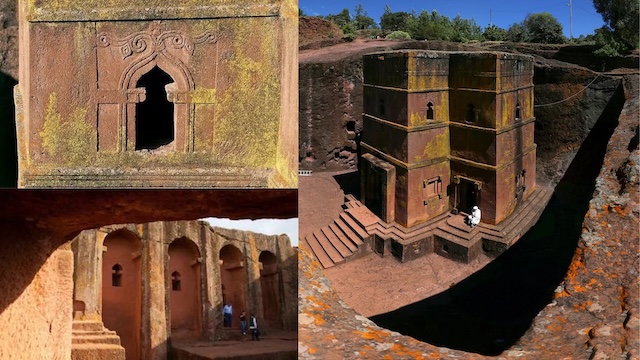 Various angles of the Church of Saint George, highlighting its intricate carvings and detailed architectural features