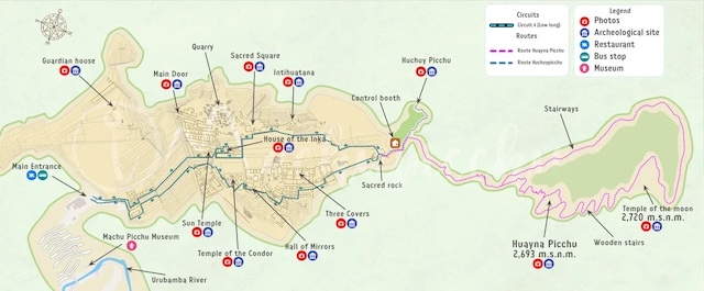 A detailed map outlining the Machu Picchu citadel, Huayna Picchu mountain, and the routes hikers can take to explore these historical wonders