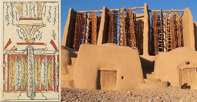 An illustration and reconstruction of the Persian windmills, one of the earliest examples of harnessing wind power, used for grinding grain and pumping water