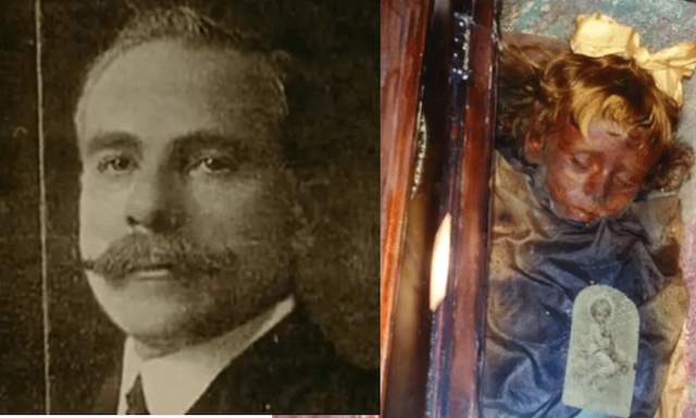 Alfredo Salafia, the master embalmer behind the preservation of Rosalia Lombardo. On the right, Rosalia's body rests peacefully in her glass coffin, a century after her death