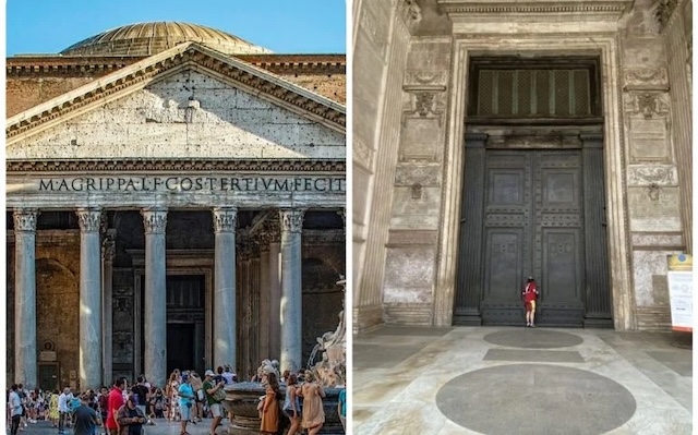 The Pantheon’s façade showcases the remarkable doors, each standing over 24 feet tall, an engineering feat that highlights the ingenuity of Roman craftsmanship