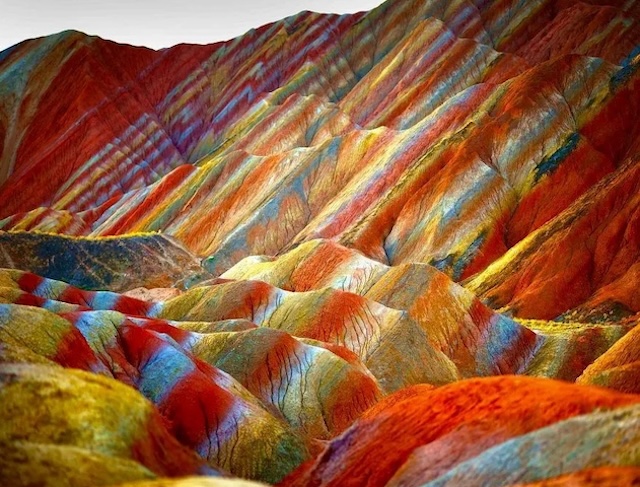 A closer look at the brightly colored ridges of the Zhangye Danxia mountains, showcasing their unique, multi-hued patterns that make the landscape look like a painting