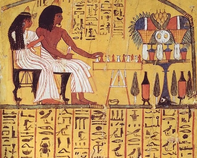 Depiction of Senet in Ancient Egyptian Art: An ancient Egyptian painting showing a couple enjoying a game of Senet. This game was not just a form of entertainment but also held spiritual meaning in Egyptian culture