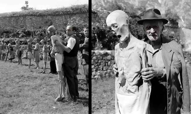 Villagers in Venzone stand in a line with mummies, embracing an ancient tradition that includes mummies in daily life as symbols of protection and connection to their past